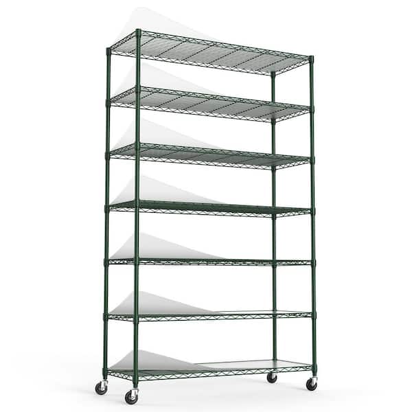FUNKOL 7-Tier Green Wire Shelving Unit with Wheels, Holds 2450 Lbs (18in*48in*82in)