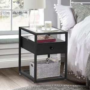 Tempered Glass Side Table, Nightstand, with Drawer and Shelf, Decoration in Living Room, 21.7" X 15.7" X 15.7"，Black