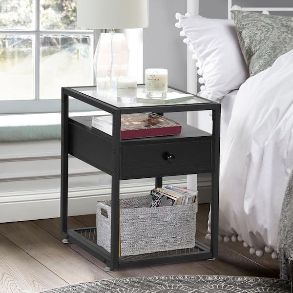 VECELO Tempered Glass Side Table, Nightstand, with Drawer and Shelf, Decoration in Living Room, 21.7" X 15.7" X 15.7"，Black