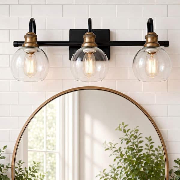 22.5 in. 3-Light Modern Aged Brass and Black Bathroom Vanity Light with Clear Glass Globe Shades Bathroom Sconce