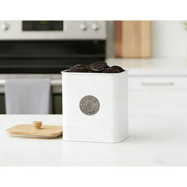 1 Piece Cookie Jar with Airtight Lid, White Iron Cookie Tin with Bamboo Lid, Farmhouse Kitchen Counter Decorative