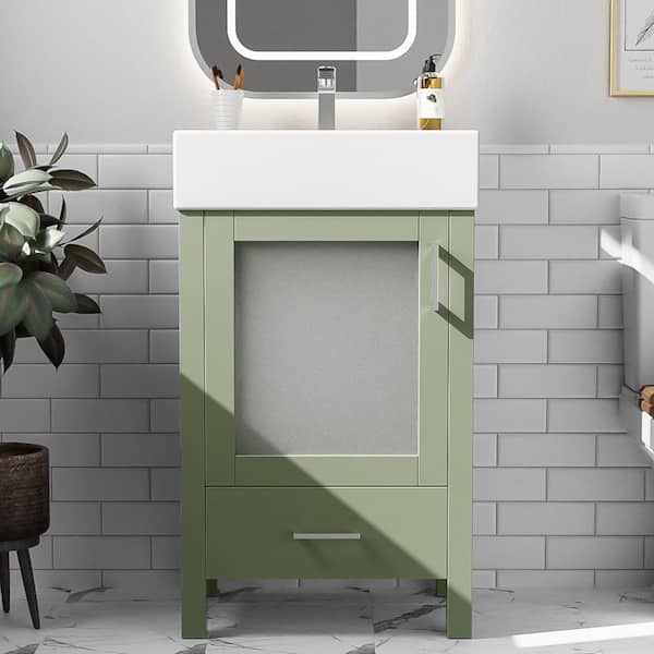 20 in. Single Sink Freestanding Green Bath Vanity with White Ceramic Top, Space-Saving Design