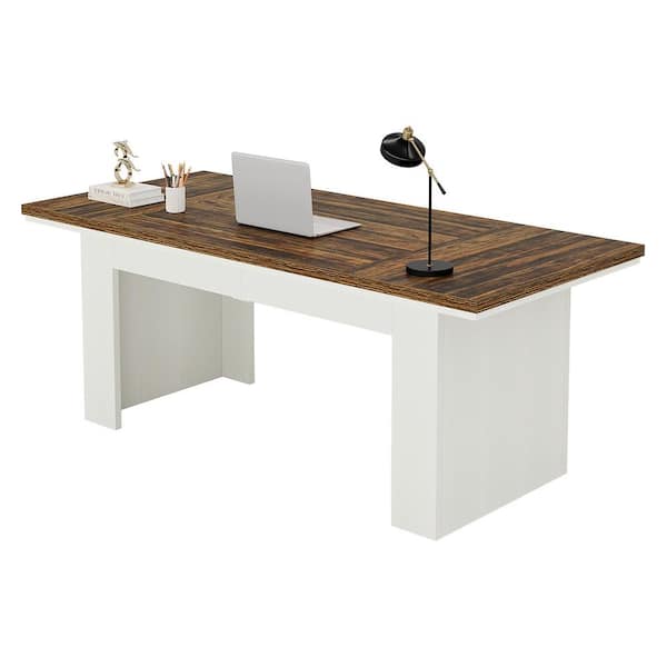 TRIBESIGNS WAY TO ORIGIN Halseey 63 in. Rectangular Brown White Wood Large Executive Computer Desk Modern Home Office Study Writing Table