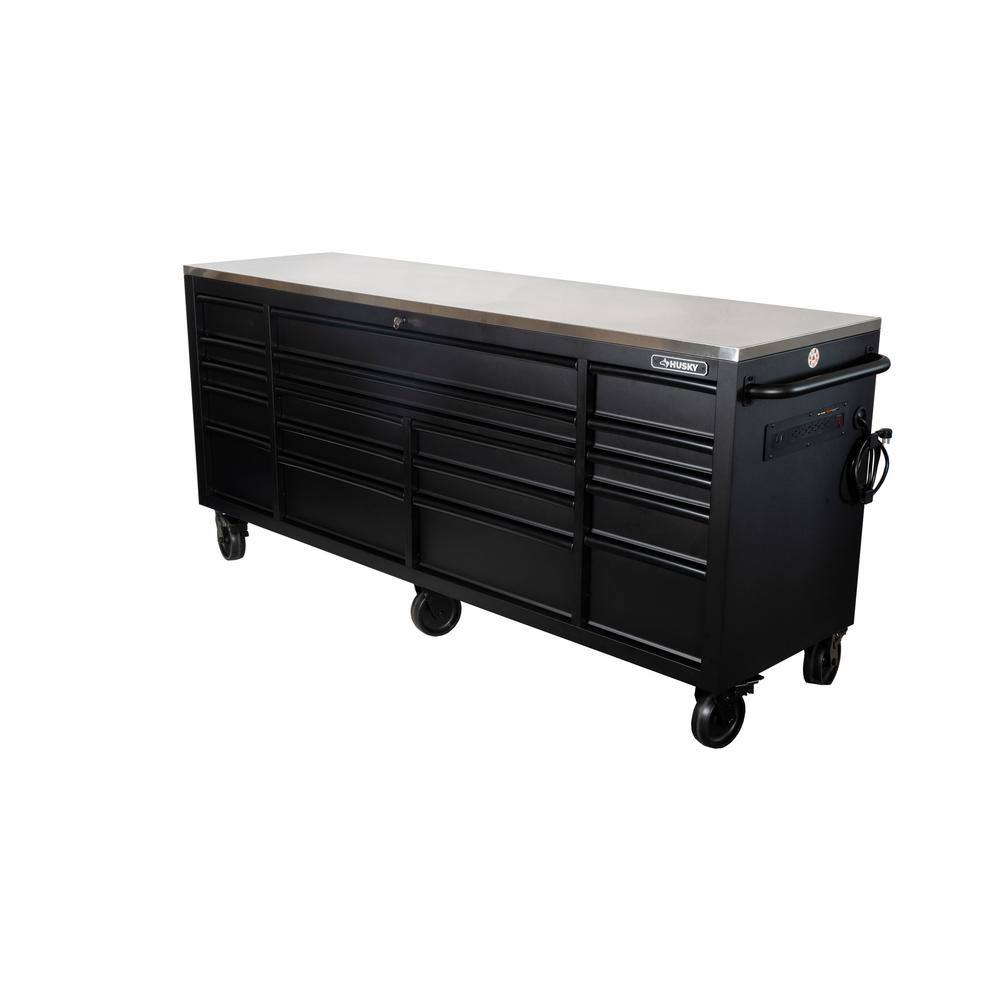 84 in. W x 24 in. D 18-Drawer Heavy-Duty Mobile Workbench with Stainless Steel Top in Matte Black