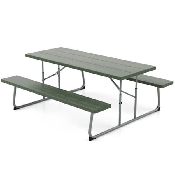 LIVIZA 72 in. W Green Rectangle Iron Picnic Tables with 2 Benches and Umbrella Hole