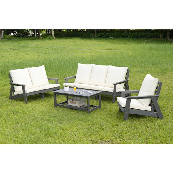 Grey HIPS Wood Grain Outdoor Patio Furniture Loveseat Garden Sofa with Beige Thick Cushion