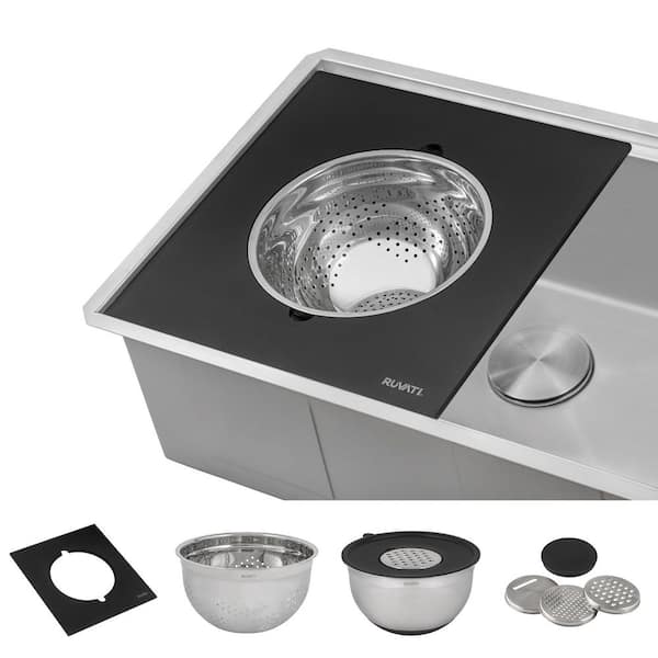 LedgeFit Black Granite Quartz Composite Platform with Mixing Bowl and Colander (Complete Set) for Workstation Sinks