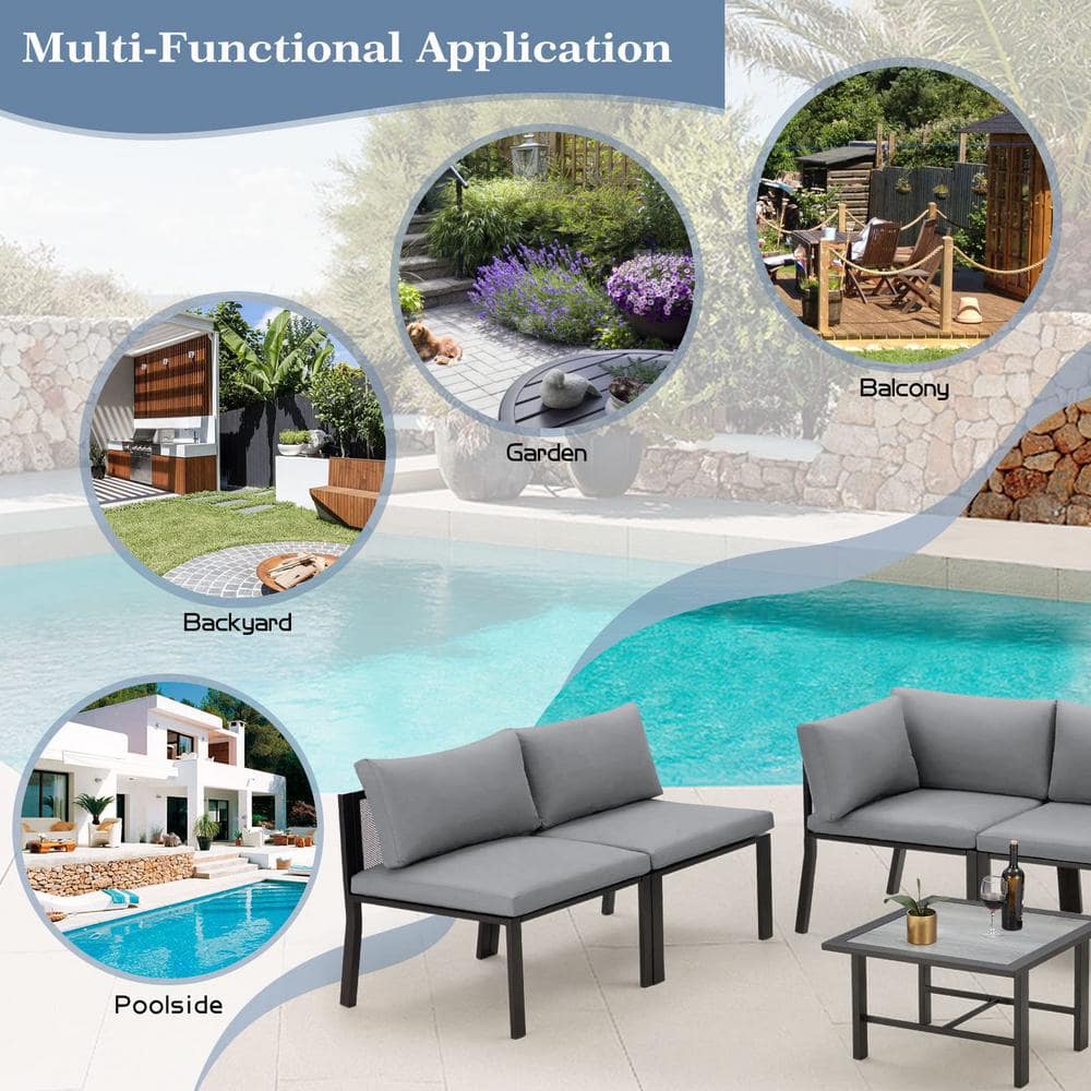 Gray 7-Piece Iron Patio Sectional Furniture Set with Cushions