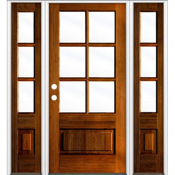 Krosswood Doors 64 in. x 80 in. Farmhouse 3/4 Lite Clear Glass Right-Hand/Inswing Red Chestnut Stain Hemlock Prehung Front Door w/DSL