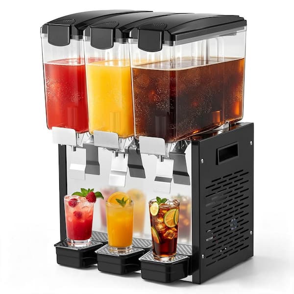 Commercial Silver Beverage Dispenser w/ 3-Tanks, 10 L Per Tank, Stainless Steel Beverage Serveware, Adjustable Temp