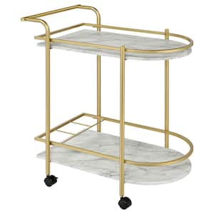 Desiree Gold and White Faux Marble Bar Cart with Casters