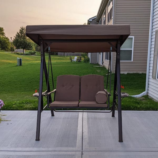 2-Person Steel Metal Patio Swing with Canopy and Cushions, Beige