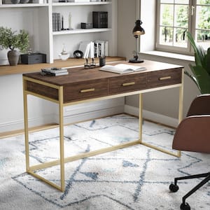 47 in. Rectangle Walnut/Polished Brass Engineered Wood 3-Drawers Computer Desk