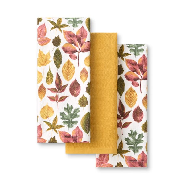 Autumn Harvest Falling Leaves Cotton Kitchen Towel Set Tan/Red/Green 16 in. x 28 in. (3-Pack)