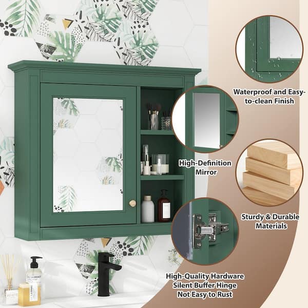 WELLFOR MR 30-in x 28-in Surface Mount Green Mirrored Soft Close Medicine Cabinet