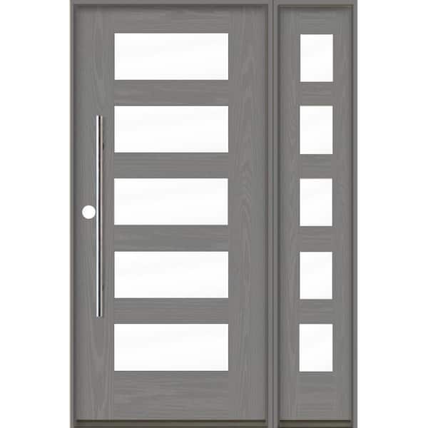 Krosswood Doors Faux Pivot 50 in. x 80 in. 5-Lite Right-Hand/Inswing Clear Glass Malibu Grey Stain Fiberglass Prehung Front Door w/RSL