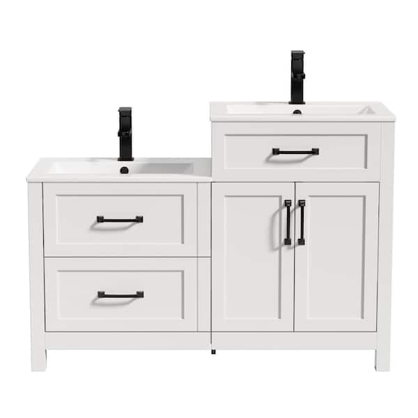 48 in. W. x 17.7 in. D x 34 in. H 2-Sink Freestanding Bath Vanity in White with White Ceramic Top and Drain Faucet Set