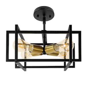 Rectangular Open Cage 14 in. 4-Light Black and Gold Semi- Flush Mount Light