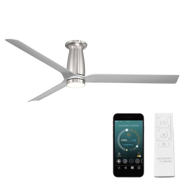 Modern Forms Smooth Flush 52 in. Smart Indoor/Outdoor Brushed Nickel/Silv Standard Ceiling Fan Selectable CCT Integrated LED, Remote