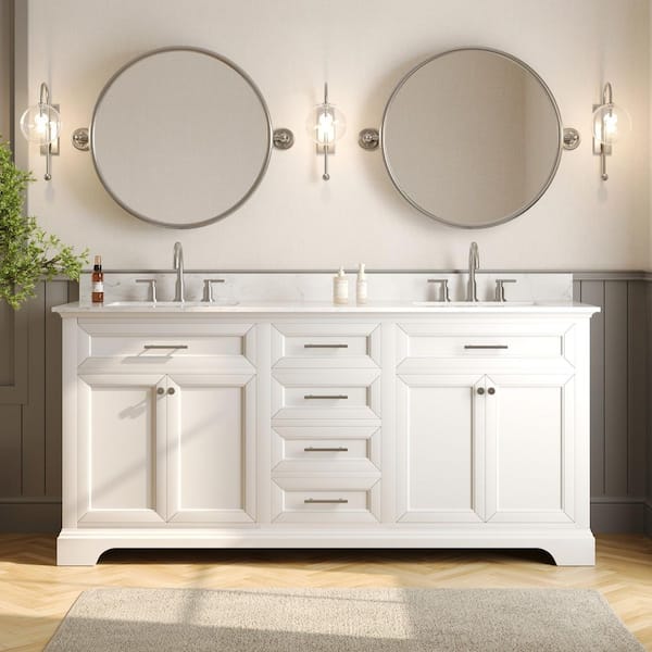 DEERVALLEY 72 in. W Double Sink Freestanding White Wood Bath Vanity with White Engineered Marble Top (Assembled)