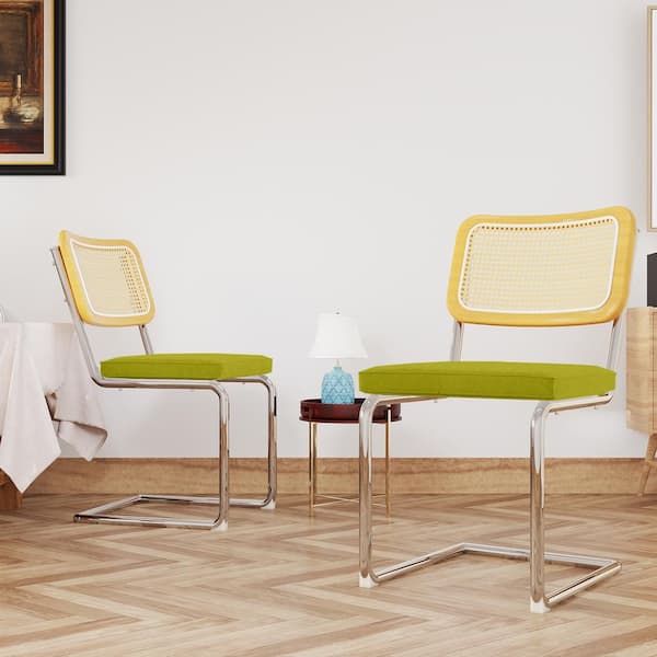 Unbranded Mid-Century Rattan Outdoor Dining Chair with Cane Backrest and Metal Base, Set of 2, with Waterproof Green Cushion