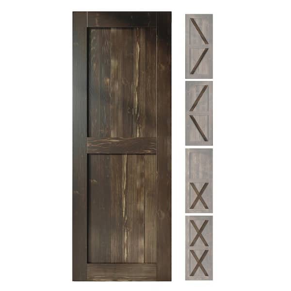 HOMACER 36 in. x 80 in. 5-in-1 Design Ebony Solid Natural Pine Wood Panel Interior Sliding Barn Door Slab with Frame