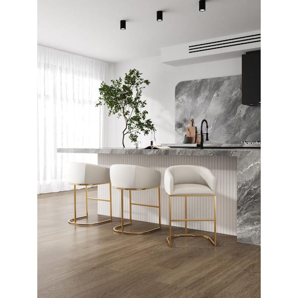 Louvre 30 in. Cream and Titanium Gold Metal Frame Bar Stool with Faux Leather Upholstered Seat (Set of 3)