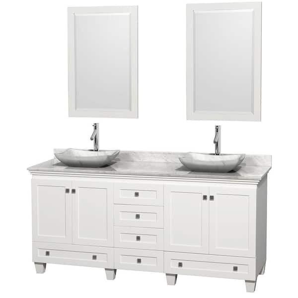 Wyndham Collection Acclaim 72 in. W Double Vanity in White with Marble Vanity Top in Carrara White, White Carrara Sinks and 2 Mirrors