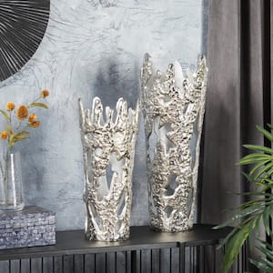 20 in., 15 in. Silver Aluminum Metal Decorative Vase with Cut Out Designs (Set of 2)