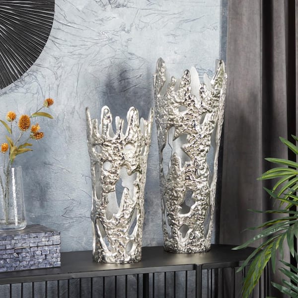 Litton Lane 20 in., 15 in. Silver Aluminum Metal Decorative Vase with Cut Out Designs (Set of 2)