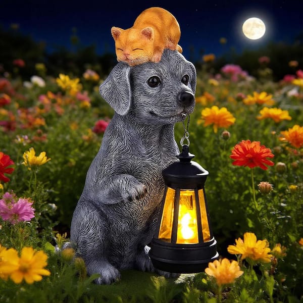 4 in. x 10 in. Gray Resin Solar Dog Garden Statue with Lantern and