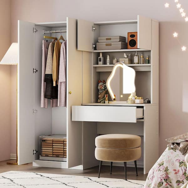 White 59.4 in. 2-Door Storage Vanity Wardrobe with Makeup Mirror, Table, Shelf, Compartment, Drawer