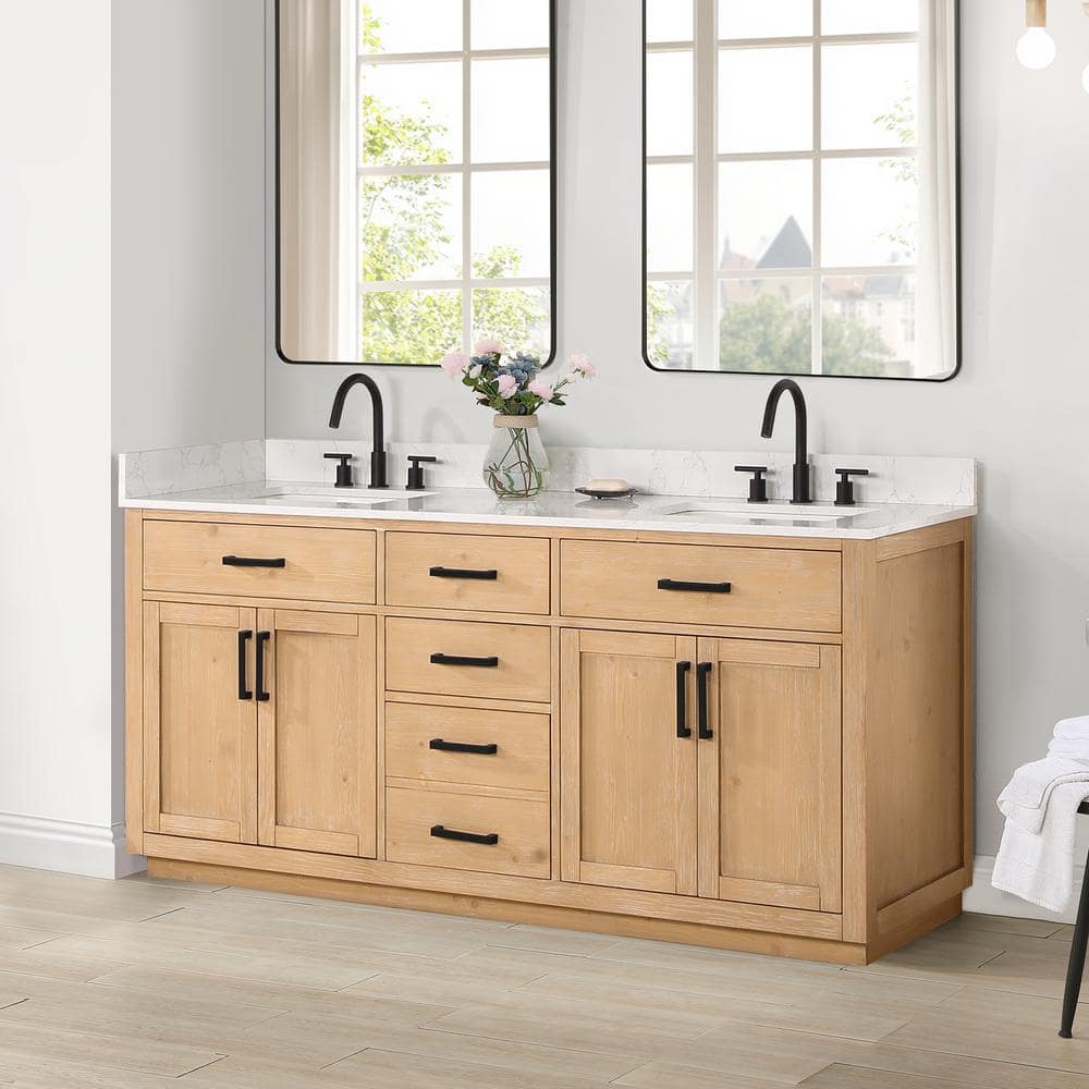 Gavino 72" Light Brown Wood Double Vanity with Composite Stone Top