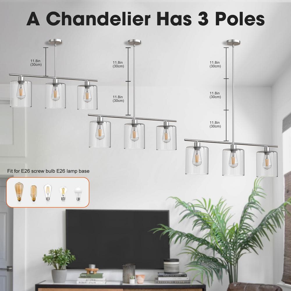 Brushed Nickel 3-Light Linear Island Pendant with Clear Glass Shades
