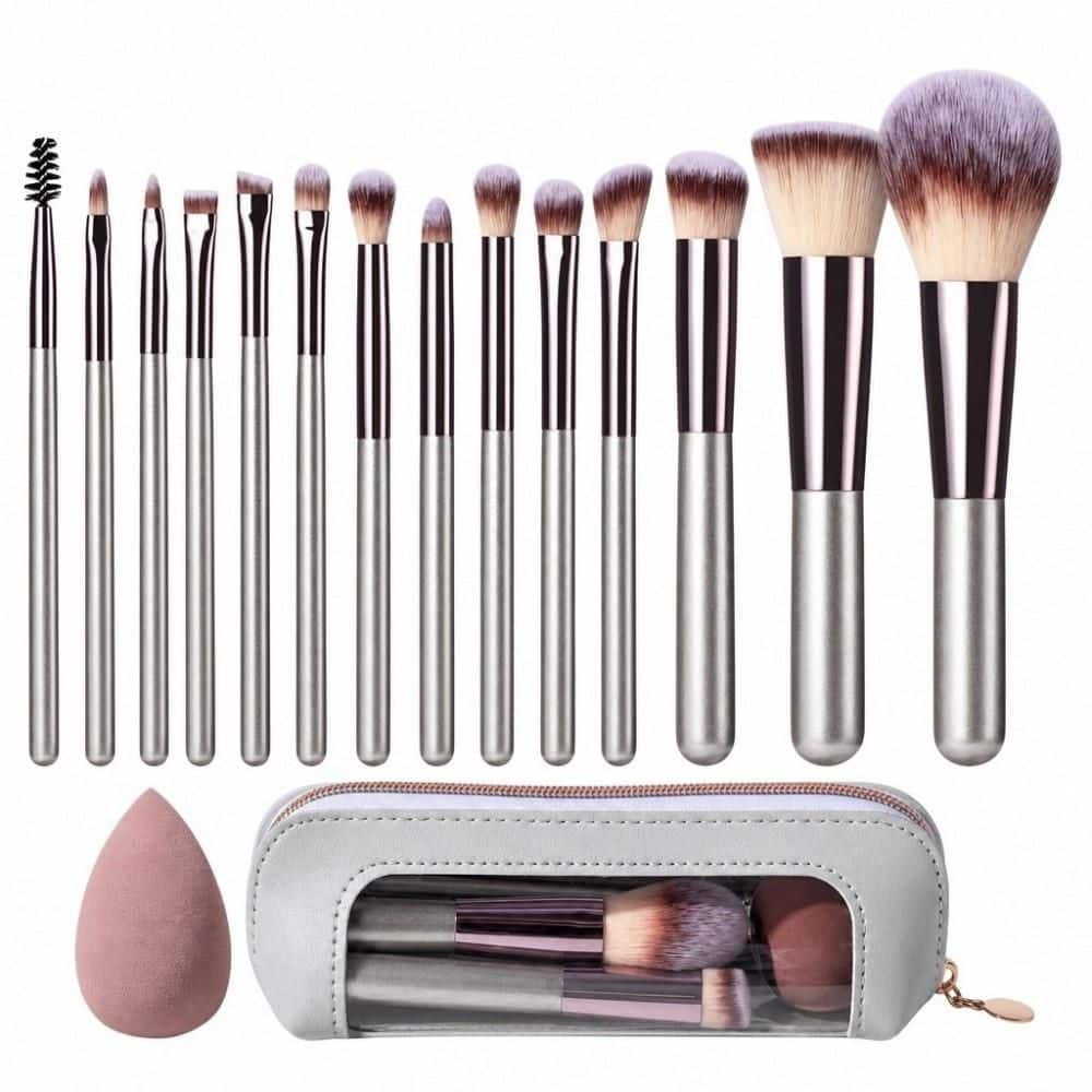 Makeup Brush Set, Soft Synthetic Travel Brushes with Portable Leather Case for Makeup Beginners, Silver (14-Pack)