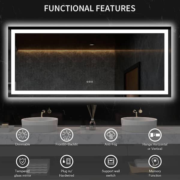 Large 60 in. W x 28 in. H Rectangular Frameless Anti-Fog LED Light Wall Bathroom Vanity Mirror with Front and Backlit