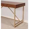 Close-up view of the desk corner and gold metal leg.