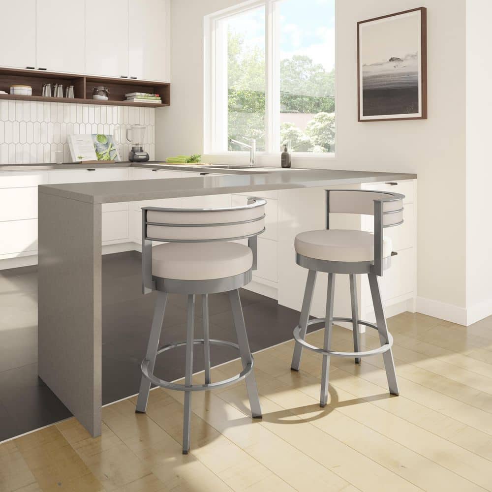 Beige Faux Leather Swivel Bar Stool with Metallic Frame