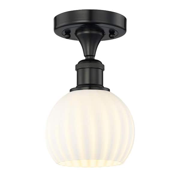 White Venetian 6 in. 1-Light Matte Black Modern Semi-Flush Mount with Frosted Glass Shade