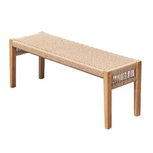 Stylish and Modern Design 2-Seater Acacia Wood Outdoor Ottoman with Mixed Strapped Rattan, Stable and Sturdy in Teak