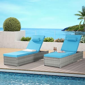 2-Piece Gray Wicker Outdoor Chaise Lounge with Blue Cushions
