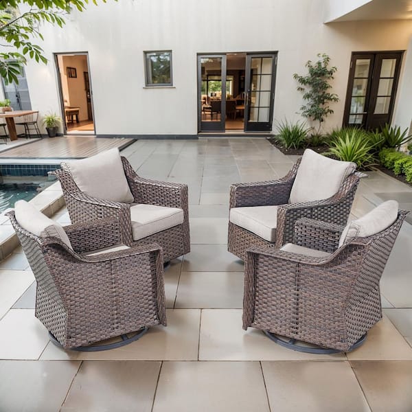 Opohoro SlideArm Brown Wicker Outdoor Rocking Chairs, Patio Swivel Gliders with Beige Cushions for Porch or Balcony (4-Pack)