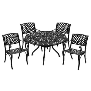 Black 5-Piece Round Aluminum Mesh Outdoor Dining Set with 4-Chairs