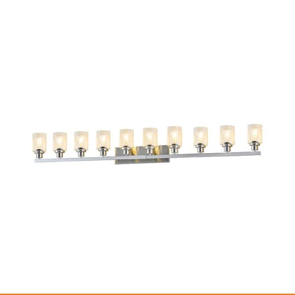 65 in. 10-Light Brushed Nickel Modern Bathroom Vanity Light with Clear Glass Shade