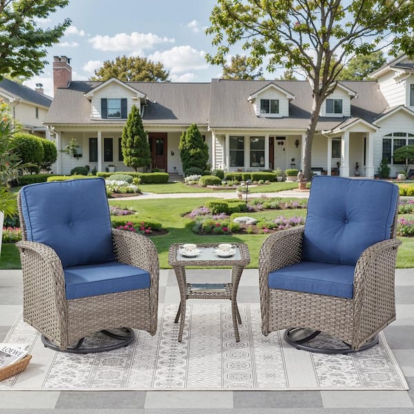 Bellefurn Rotavia 3-Piece Gray Wicker Patio Conversation Set with Olefin Blue Cushions Outdoor Swivel Glider with Side Table