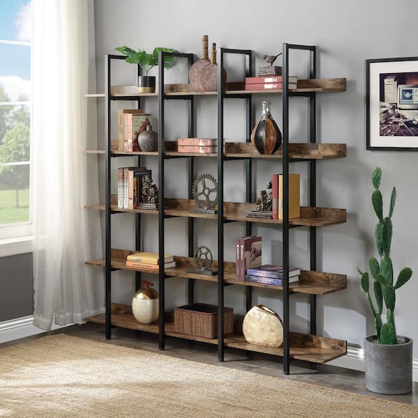 70.9 in. Tall Dark Brown 5-Tier Home Office Bookshelf, MDF 5-Shelf Vintage Industrial Style Bookcase with Open Storage