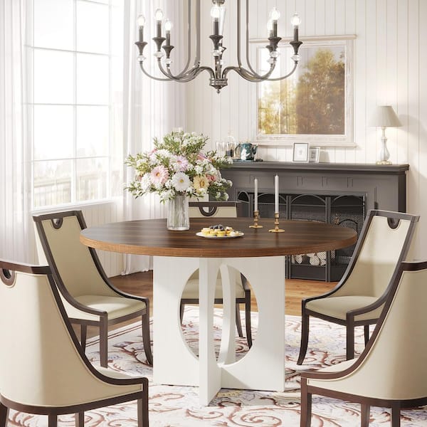 BYBLIGHT Roesler Brown and White Wood 47.2 in. W Cross Legs Round Dining Table Dining Room Table Seats 6 for Kitchen, Dining Room