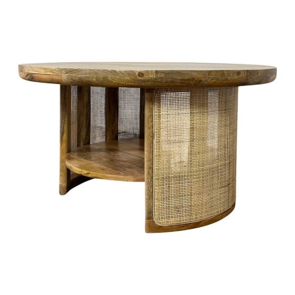 Marlowe 30 in. Blonde Acacia Round Wood Coffee Table with Drum-Style Cane Base and Shelf