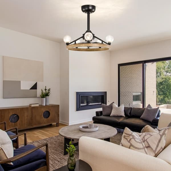 Heritage 20 in. 5-Light Indoor Black / Wood Industrial Metal Ceiling Fan with Glass Shade