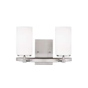 Alturas 13.5 in. 2-Light Brushed Nickel Modern Contemporary Wall Bathroom Vanity Light with Satin Etched Glass Shades